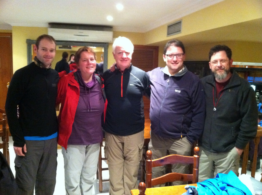 Our Camino family. From left: Eamon, Ali, Cliff, Kristof, me.